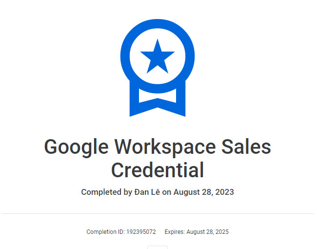Chứng chỉ Sales nhân viên Oxygen nhận từ Google Worksapce email