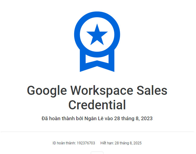 Chứng chỉ Sales nhân viên Oxygen nhận từ Google Workspace