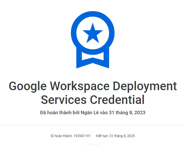 Chứng chỉ Services nhân viên Oxygen nhận từ Google Workspace