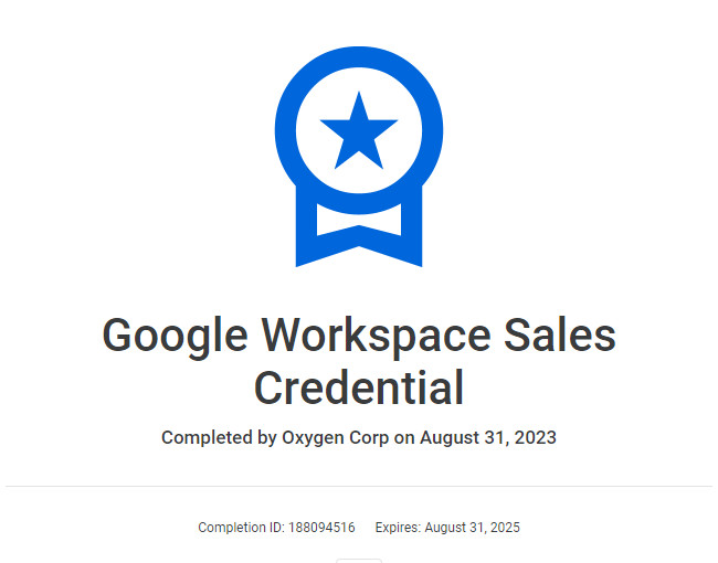 Chứng chỉ Sales do Oxygen nhận từ Google Workspace