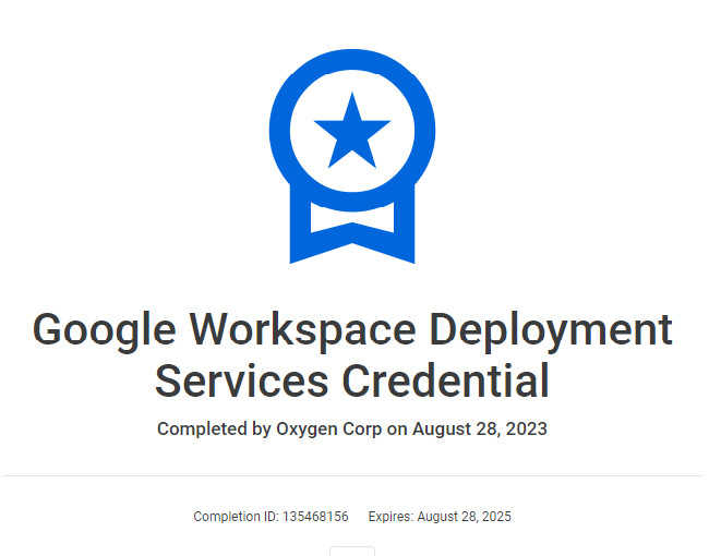 Chứng chỉ Services Oxygen nhận từ Google Workspace